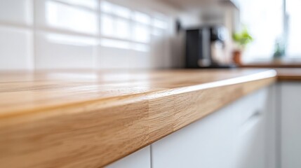 Wooden Kitchen Countertop with Modern White Cabinets