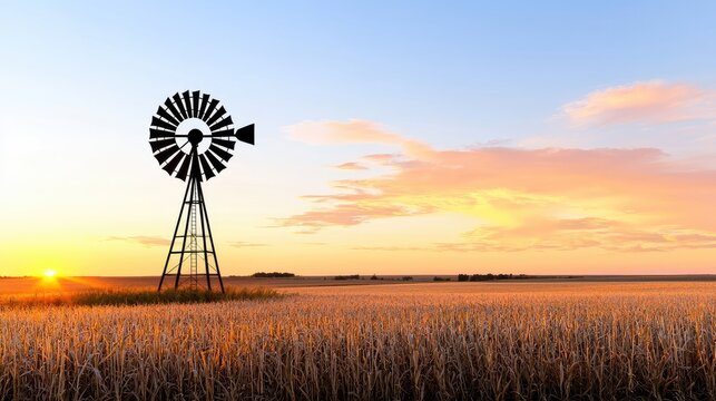Silhouette windmill in golden wheat field at sunrise