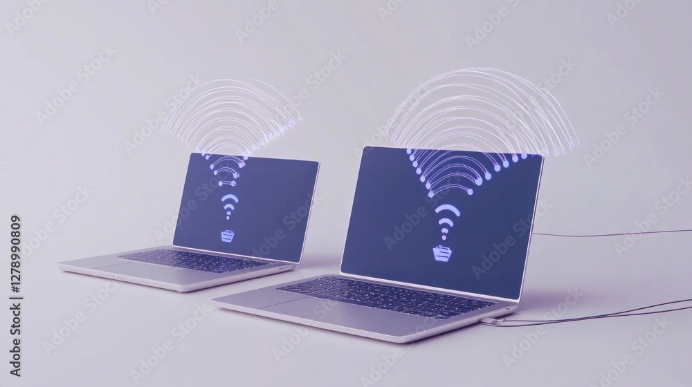 Poster seamless file sharing between laptops with visual data transfer effect