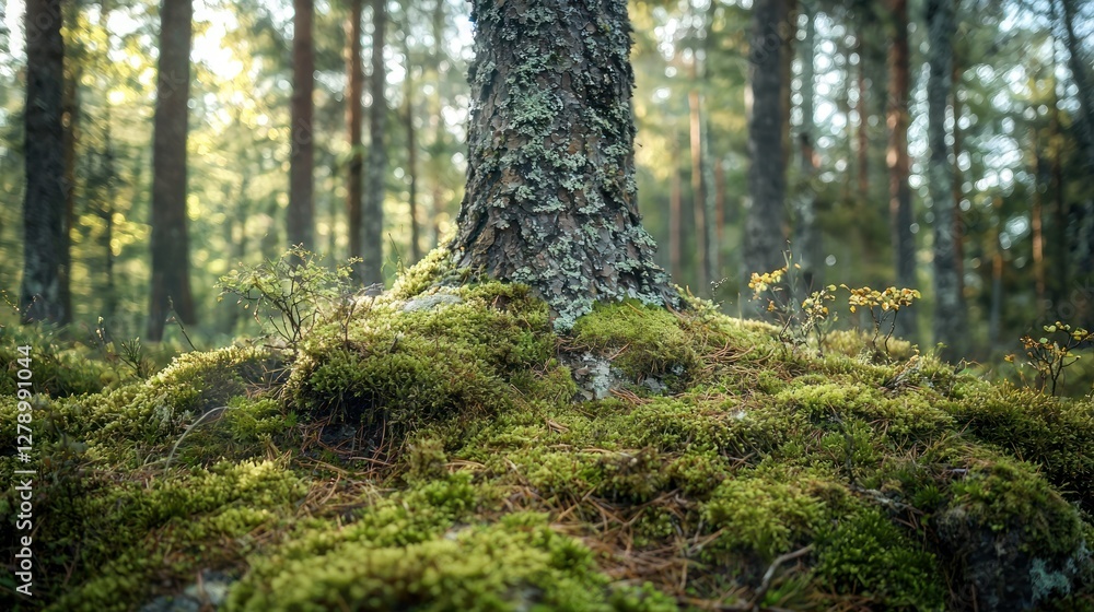 Poster moss and lichen growing on the rough bark of a forest tree.