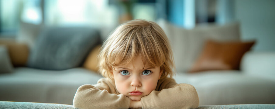 A child crossing their arms and pouting angrily sitting indoors. Childhood concept.