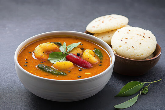 food photography of South Indian sambar with idli and vada on the side, dark grey background