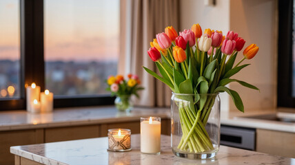 Elegant bouquet of tulips on marble countertop at dusk, romantic charm
