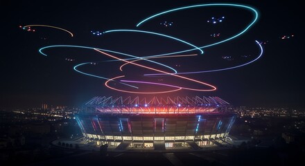 Stadium at Night with Drone Light Show Colorful Display Above