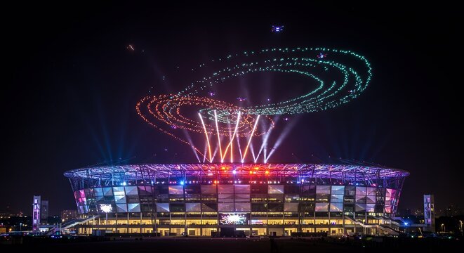 Illuminated Stadium at Night with Drone Light Show Spectacle