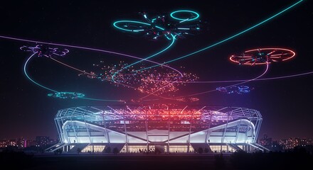 Futuristic Stadium Show with Drone Light Display at Nighttime