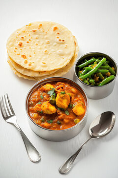 bountiful Indian-inspired meal in lunch boxes, including the delicious dish Bajji with vegetable curry and green beans