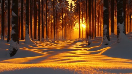 Golden Sunset in Snowy Forest Winter Wonderland Landscape