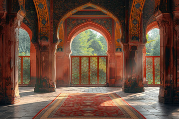 Obraz premium Islamic architecture with intricate arches, ornate patterns, and warm ambiance.