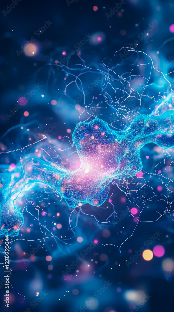 Poster abstract cellular network: interconnected nodes and vibrant energy flow