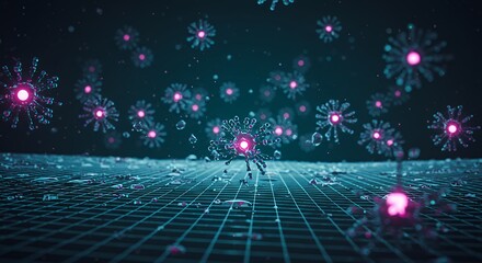 Abstract Viruses with Glowing Pink Centers Floating Above Grid Surface