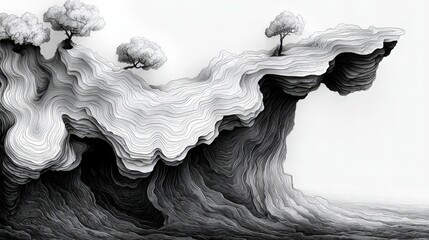 Abstract Black and White Landscape with Wavy Patterns and Minimalist Trees on a Cliff Edge
