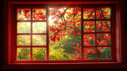 An aerial view showcases a vibrant tree with striking red leaves, framed by a window, capturing the beauty of nature in a tranquil setting.