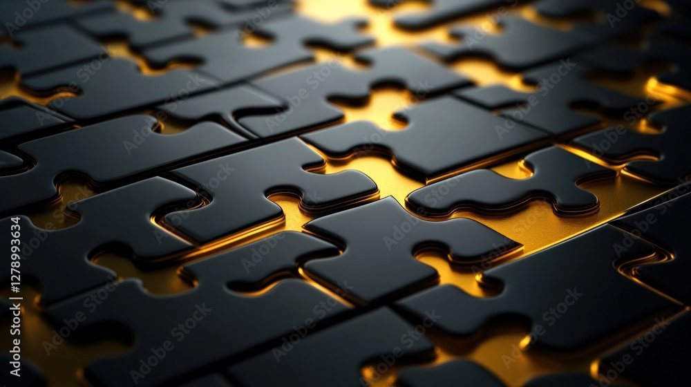 Poster close-up view of interlocking black puzzle pieces with golden light illuminating gaps, symbolizing p