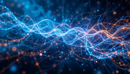 Abstract background with digital storm of luminous data waves and glowing binary codes for high-speed networks and data cloud branding