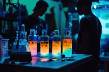 A creative image of glowing liquids in a darkened laboratory during a science fair