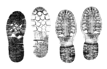 Shoe print set, black silhouette on snow, distressed, uneven, isolated. Dirt splash grunge texture. Vector print texture. Grunge design element. Shoes foot printing icon symbol vector set.