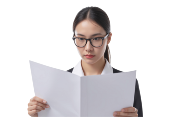 Empowering Leadership: Businesswoman Manager in a Portrait Concept. Woman in glasses reading a document thoughtfully, isolated on transparent background