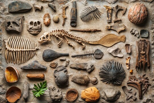 A creative image of fossils from different eras laid out in a timeline format