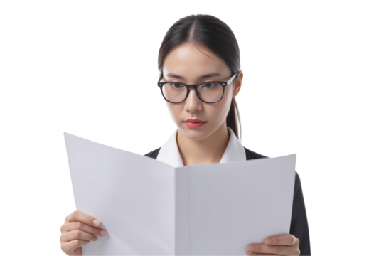 Empowering Leadership: Businesswoman Manager in a Portrait Concept. Woman in glasses reading a document thoughtfully, isolated on transparent background