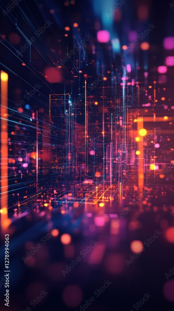 Poster abstract data stream visualization with glowing lines and particles
