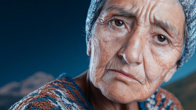 Portrait of an elderly Dani woman with volcanic stone earrings and symbolic scarifications