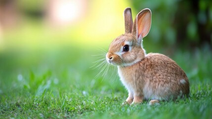 Fototapeta premium Adorable Brown Rabbit Sitting in Green Grass
