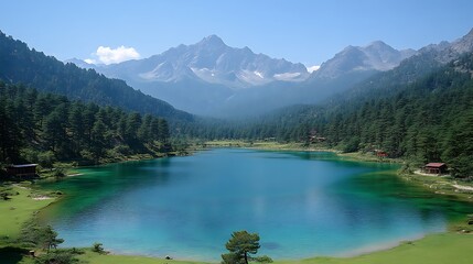 Fototapeta premium Turquoise Lake Surrounded by Lush Green Forest and Majestic Mountains Landscape