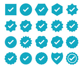 Blue Check Marks Icons Set, Circle Box Award Shield Account Verification Icons