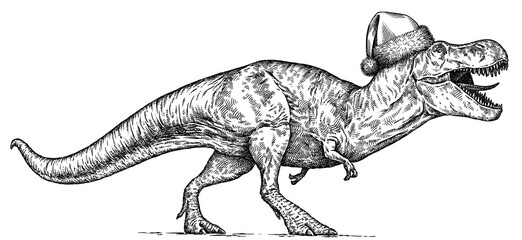 Vintage engraving isolated Tyranosaurus rex set dressed christmas illustration t-rex ink santa costume sketch. Dinosaur background Rex silhouette Jurassic new year hat art. Hand drawn image