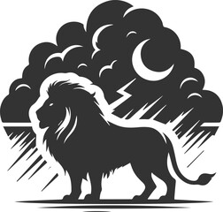 A lion standing in the middle of a dark storm animal vector silhouette