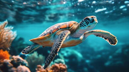 Fototapeta premium Sea Turtle Swimming in Vibrant Coral Reef