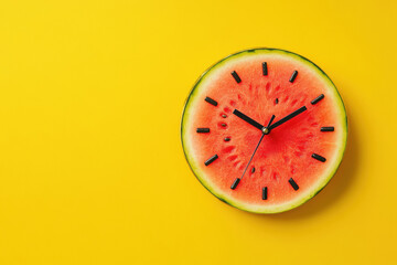 A clock made of watermelon on yellow background.