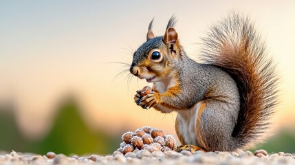 Obraz premium Wildlife Winter Survival Concept, Squirrel Collecting Frost Coated Nuts in Close Up Shot Against a Beautiful Sunrise Background