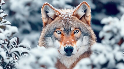Fototapeta premium Wildlife Winter Survival Concept, Close-Up of a Wolf's Fur with Frost as It Peers Through Snowy Bushes in a Winter Landscape