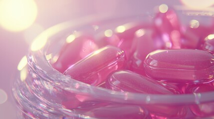 A close-up of pink capsules in a transparent bottle, light reflections enhancing the realism against a soft gradient background
