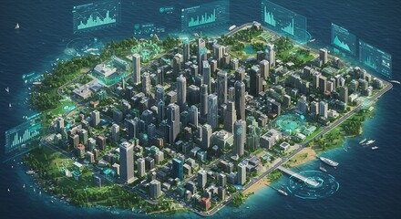 Futuristic City Visualization with Advanced Data Overlay on Island View