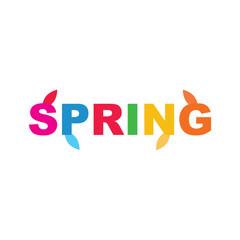 Colorful spring typography design with vibrant multicolored letters and decorative leaf elements isolated on a white background perfect for seasonal greetings nature themes