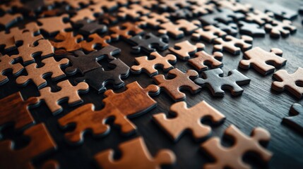 Obraz premium Close-up view of scattered wooden puzzle pieces on a dark wooden surface, showcasing intricate designs