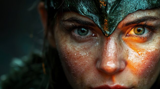 Close-up of an Asaro woman with a gray clay mask and leaf costume, intense gaze in a mud pool, dramatic backlighting