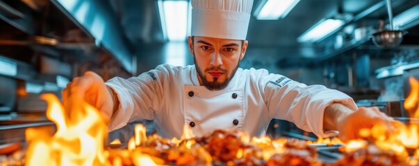 Experience Culinary Artistry Witness a chef masterfully using an open-flame cooking method to enhance the bold flavors of an exotic delicacy Explore the secrets of gourmet cuisine, from preparation