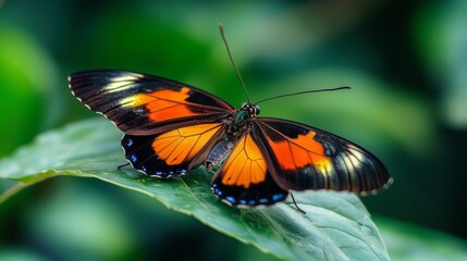 Obraz premium Orange And Black Butterfly On A Green Leaf
