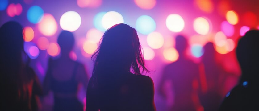 A lone figure stands amidst colorful lights in a lively club scene, surrounded by a blur of people and the energy of the night.