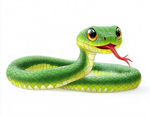 Fototapeta premium Cute cartoon snake illustration. Playful green serpent with a smile, perfect for children's books, educational materials, and friendly branding. Ample text space.