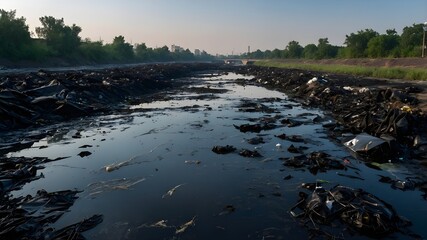 Polluted river, plastic bag and chemical dump on river concept.