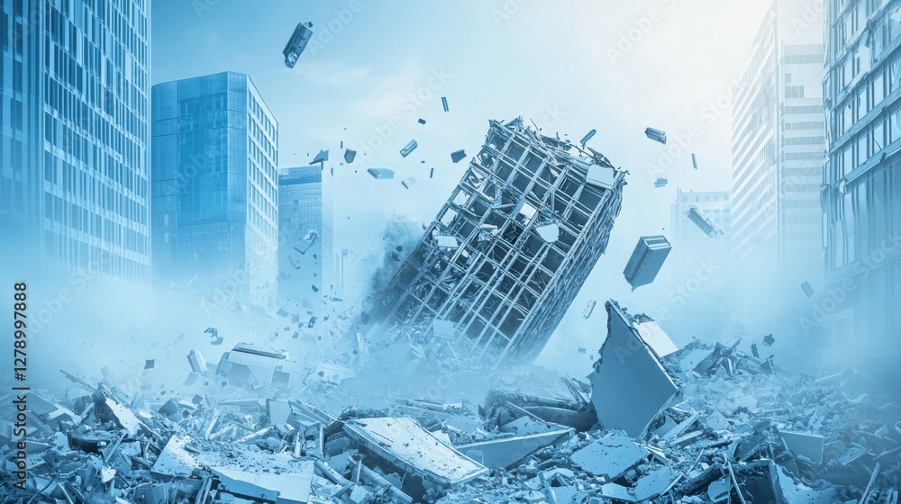 Poster a collapsed financial structure displayed on a digital cyber-themed modern business banner.