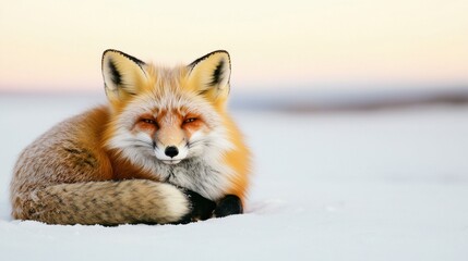 Fototapeta premium Wildlife Winter Survival Concept, Lone Fox Curled Up on Snow Covered Ground in Winter Landscape with Soft Fur and Gentle Expression