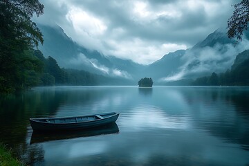 Fototapeta premium Misty Mountain Lake Scenery with a Small Boat