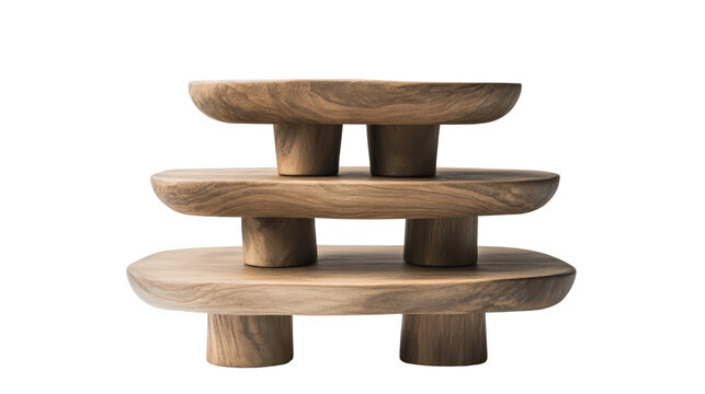 A set of three stacked wooden serving platters with short legs, featuring a rustic design, perfect for kitchen decor, dining, or food presentation.