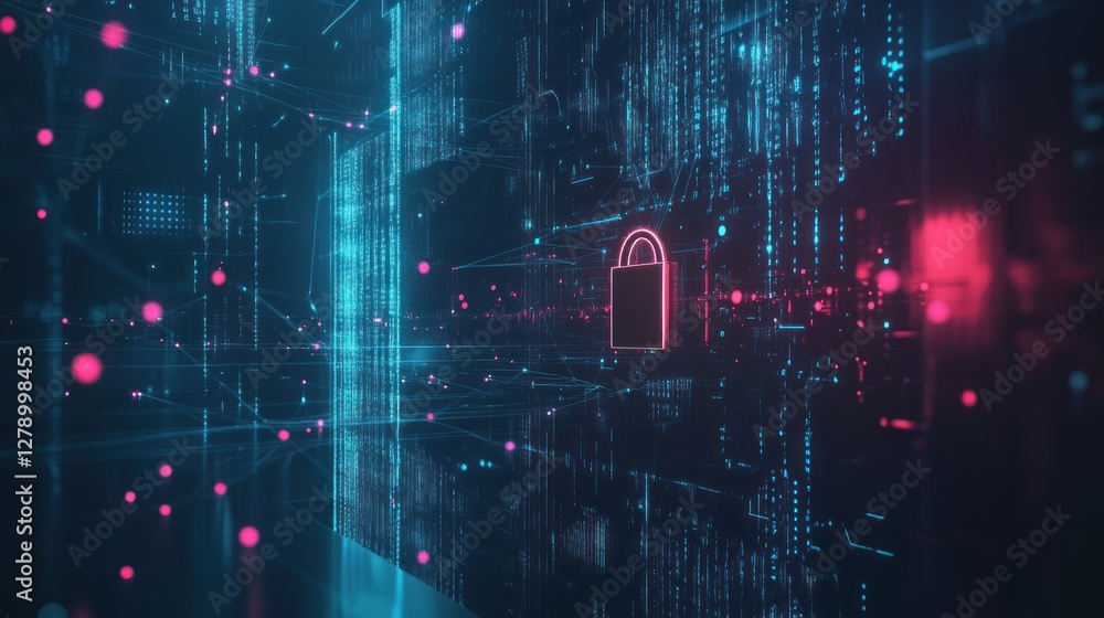 Poster futuristic cyberspace security with glowing lock and binary code